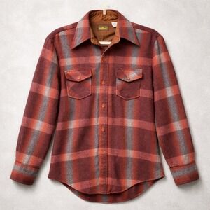 HITMAN Men Red Vintage Plaid Wool Blend Flannel Shirt Size Medium 90's Button-Up